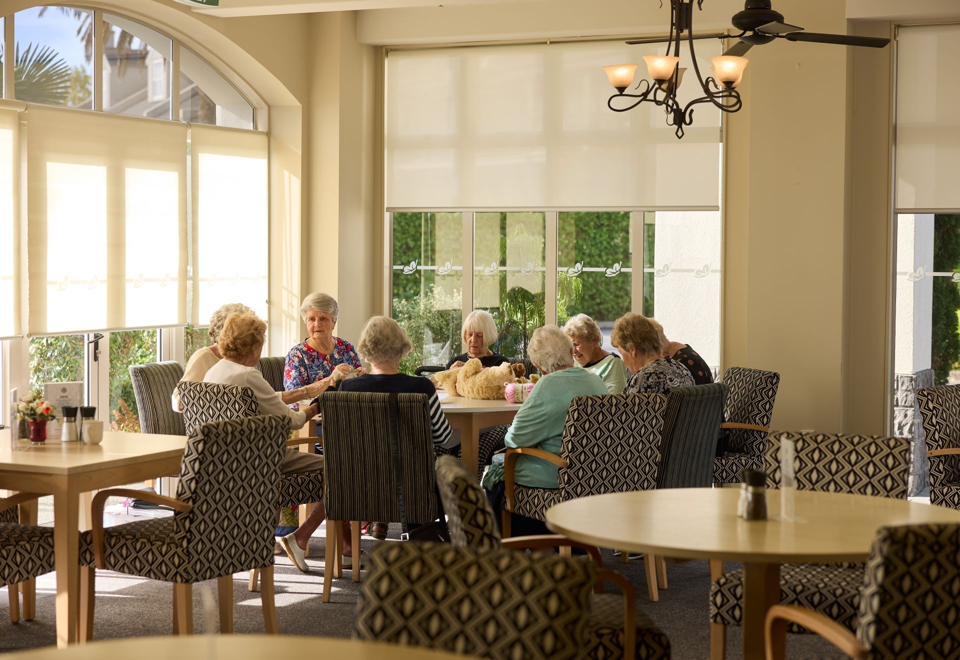 Ladies knitting in cafe