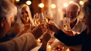 Friends cheers wine and smiling