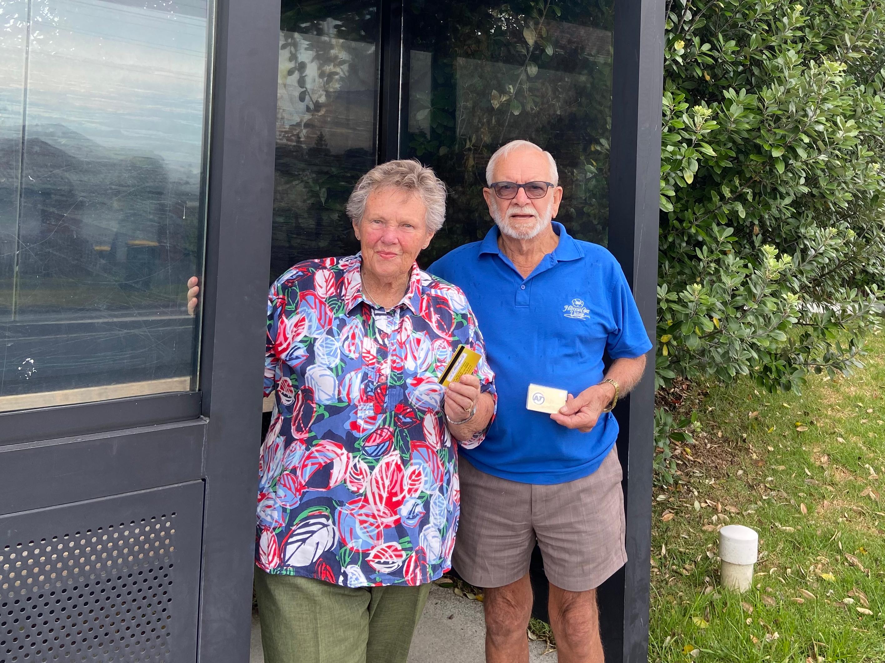 Valerie and Geoff Herbert at the bus stop where their HOP Tours begin