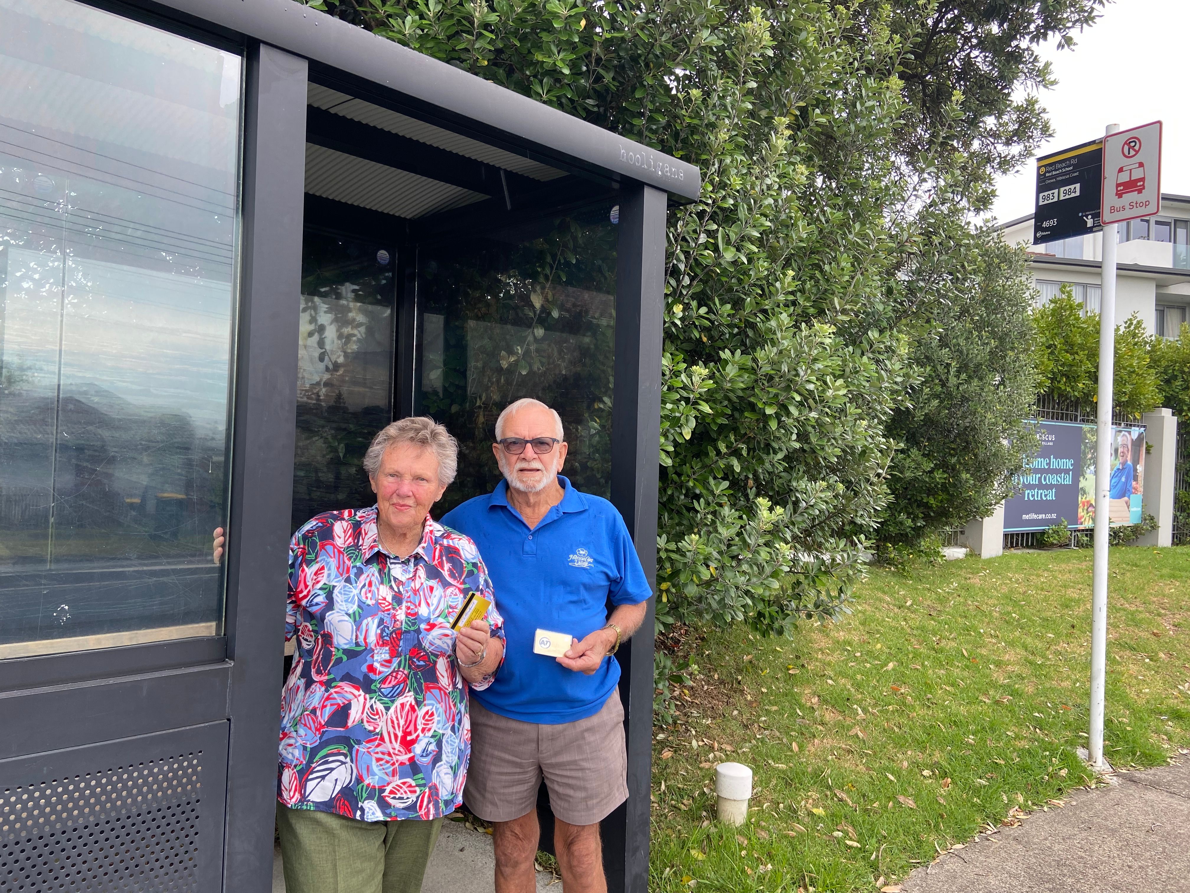 Valerie and Geoff Herbert at the bus stop where their HOP tours begin