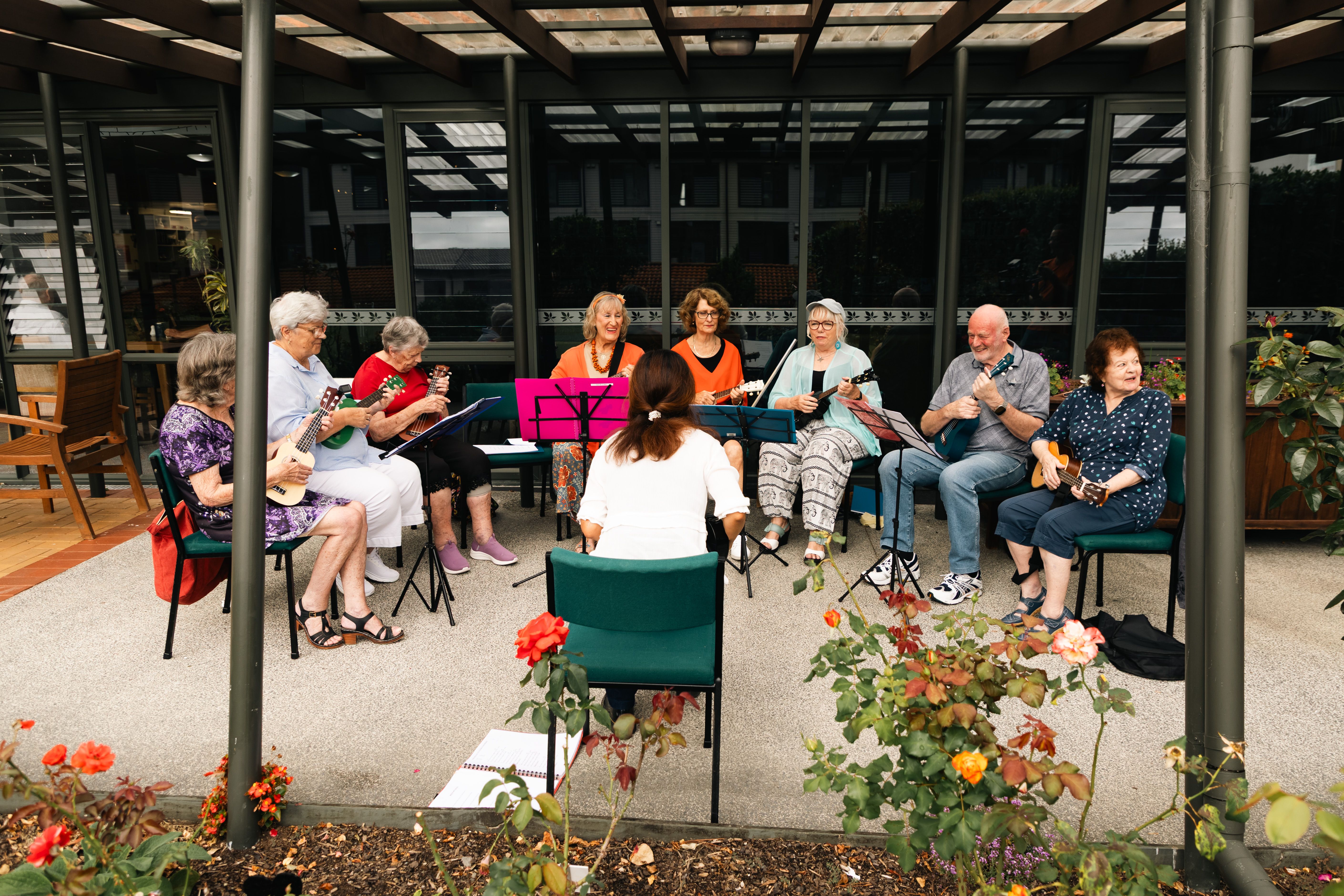 Friends playing ukelele