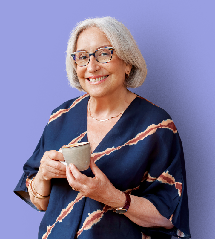 Resident smiling on blue