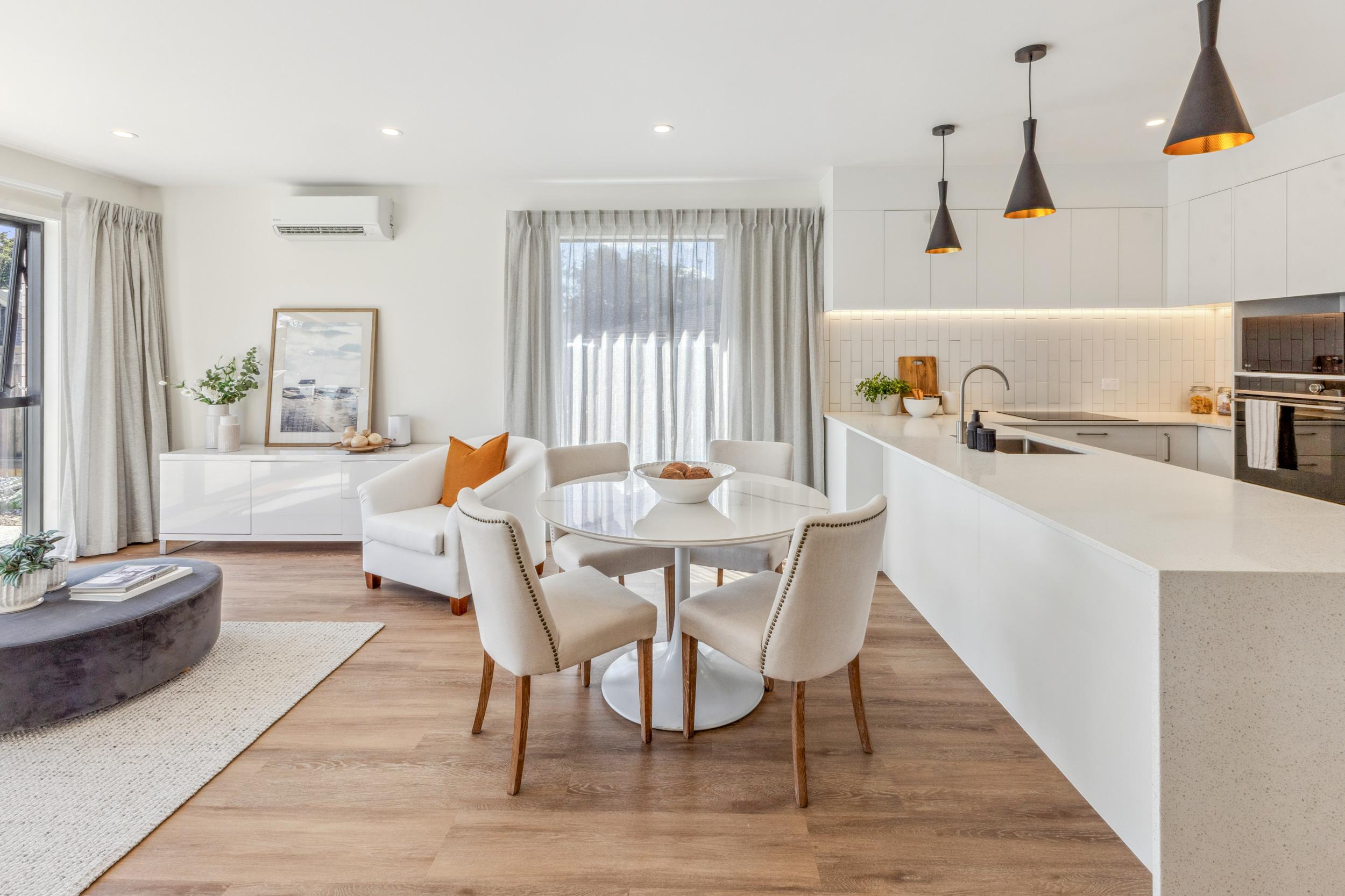 open plan lounge, dining and kitchen area