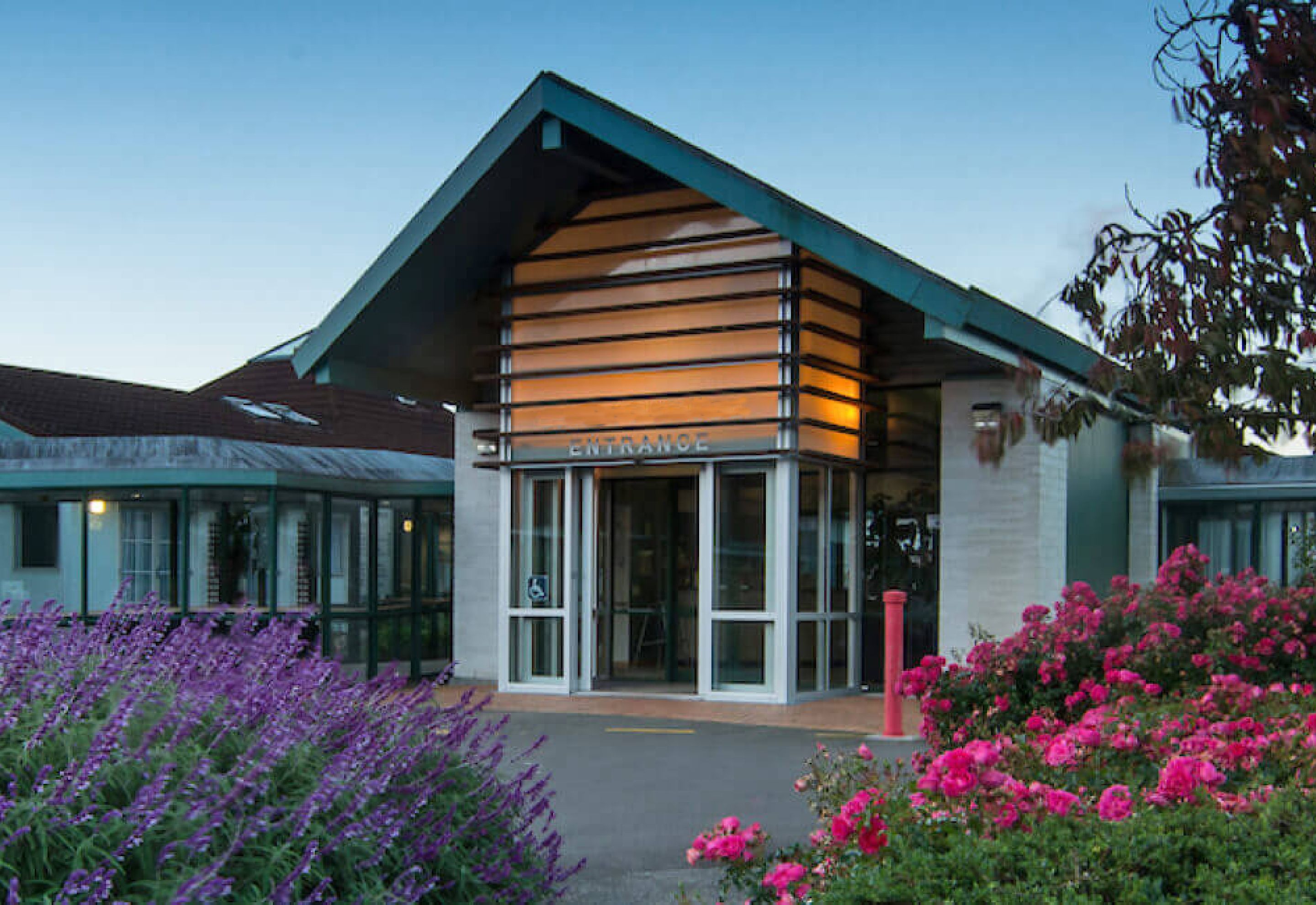 Karori Village entrance with purple and pink flowers at twilight