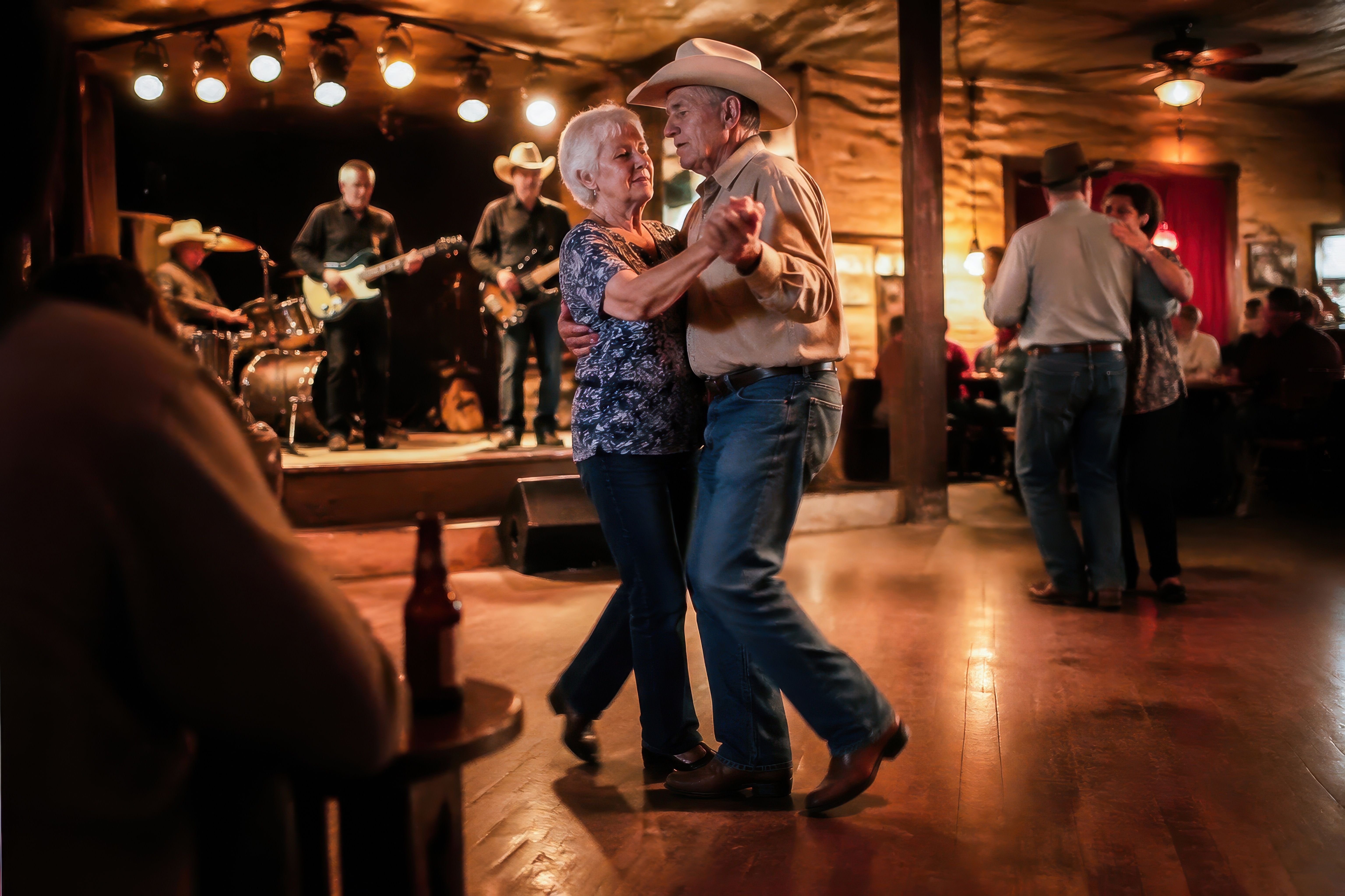 Residents dancing in hall with band playing