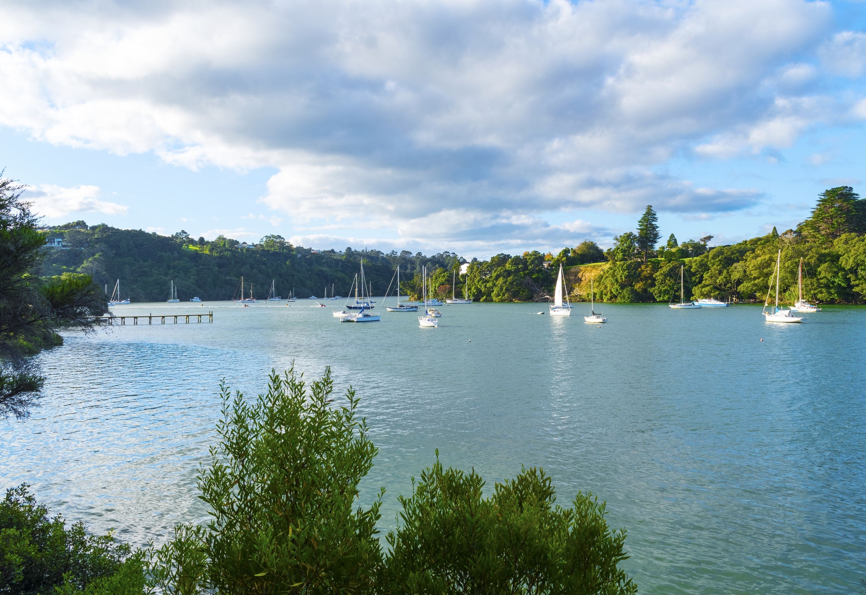 A serene view of a body of water with numerous boats at the peaceful Whenuapai village.