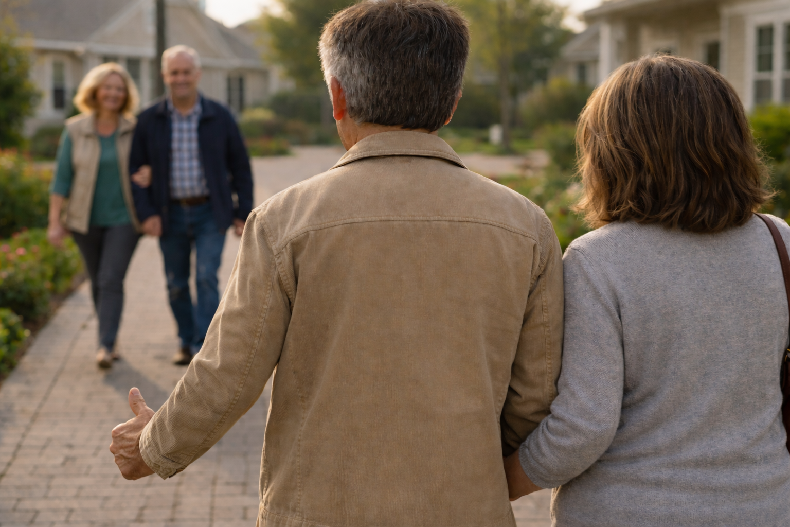 Older couple, man giving a secret thumbs up to some passing friends.