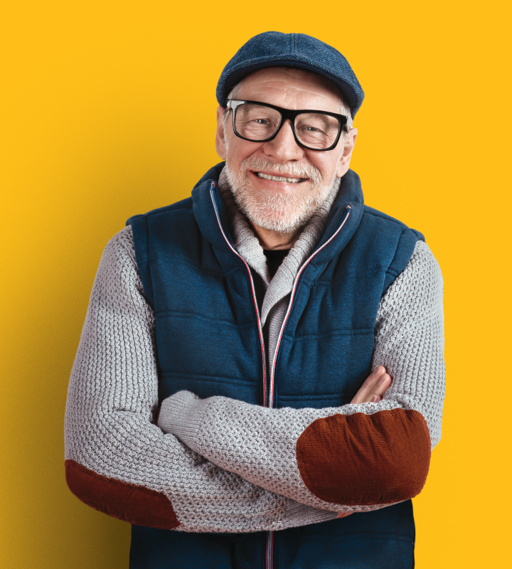 Resident smiling on yellow