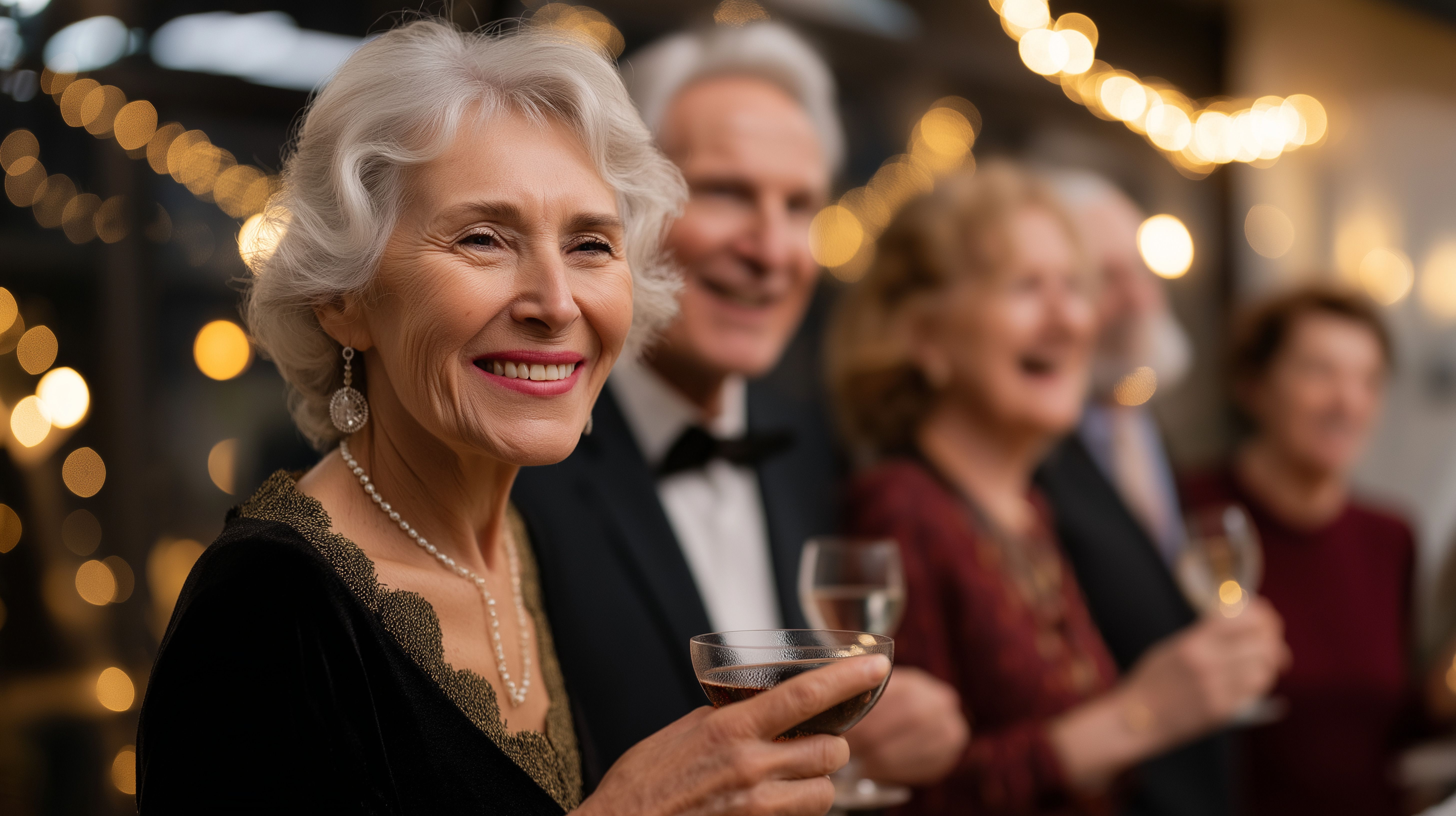 Resident smiling at black and gold ball