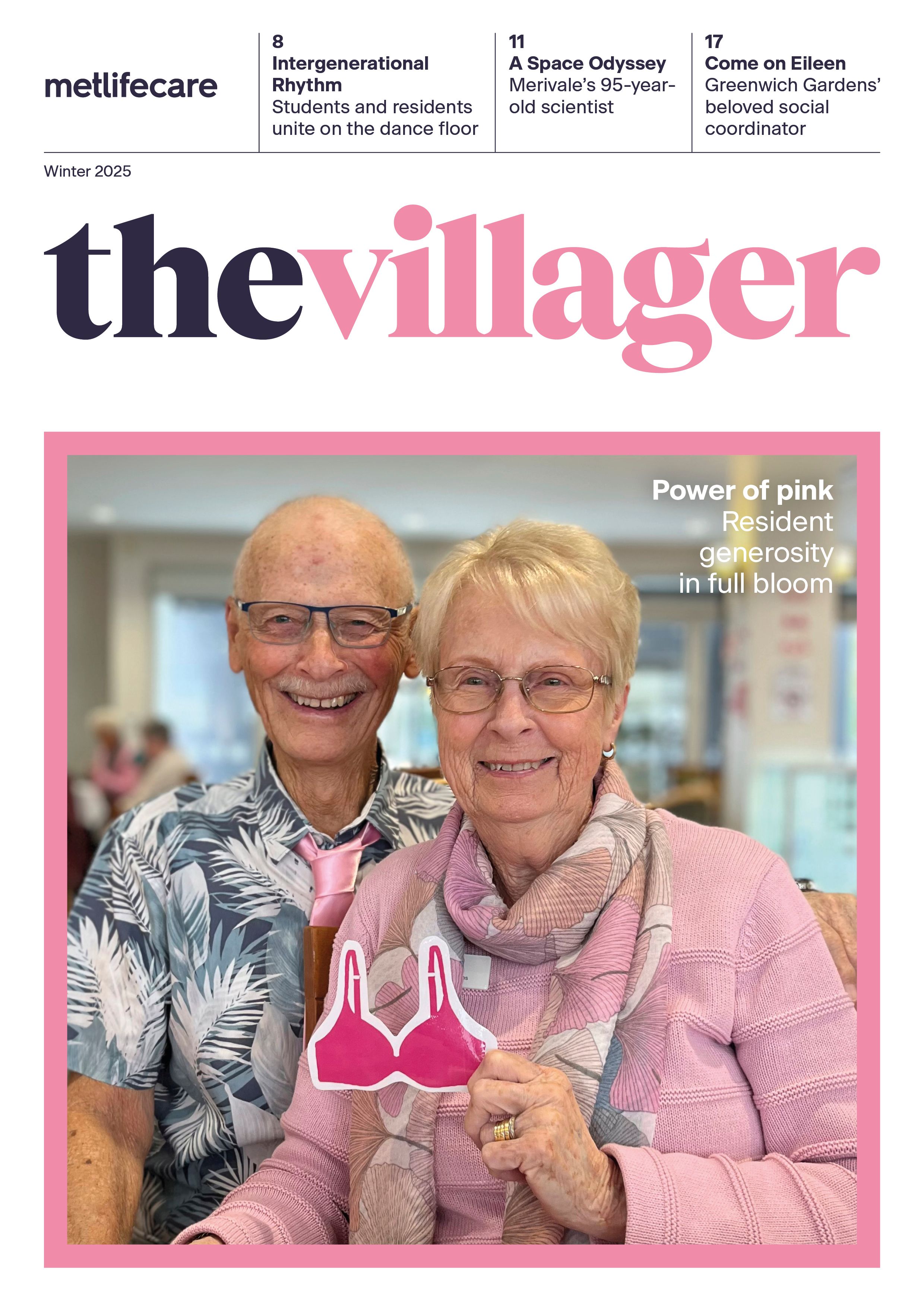 Smiling elderly couple dressed in pink for Metlifecare’s ‘Power of Pink’ fundraiser, promoting community generosity and support in New Zealand retirement villages.