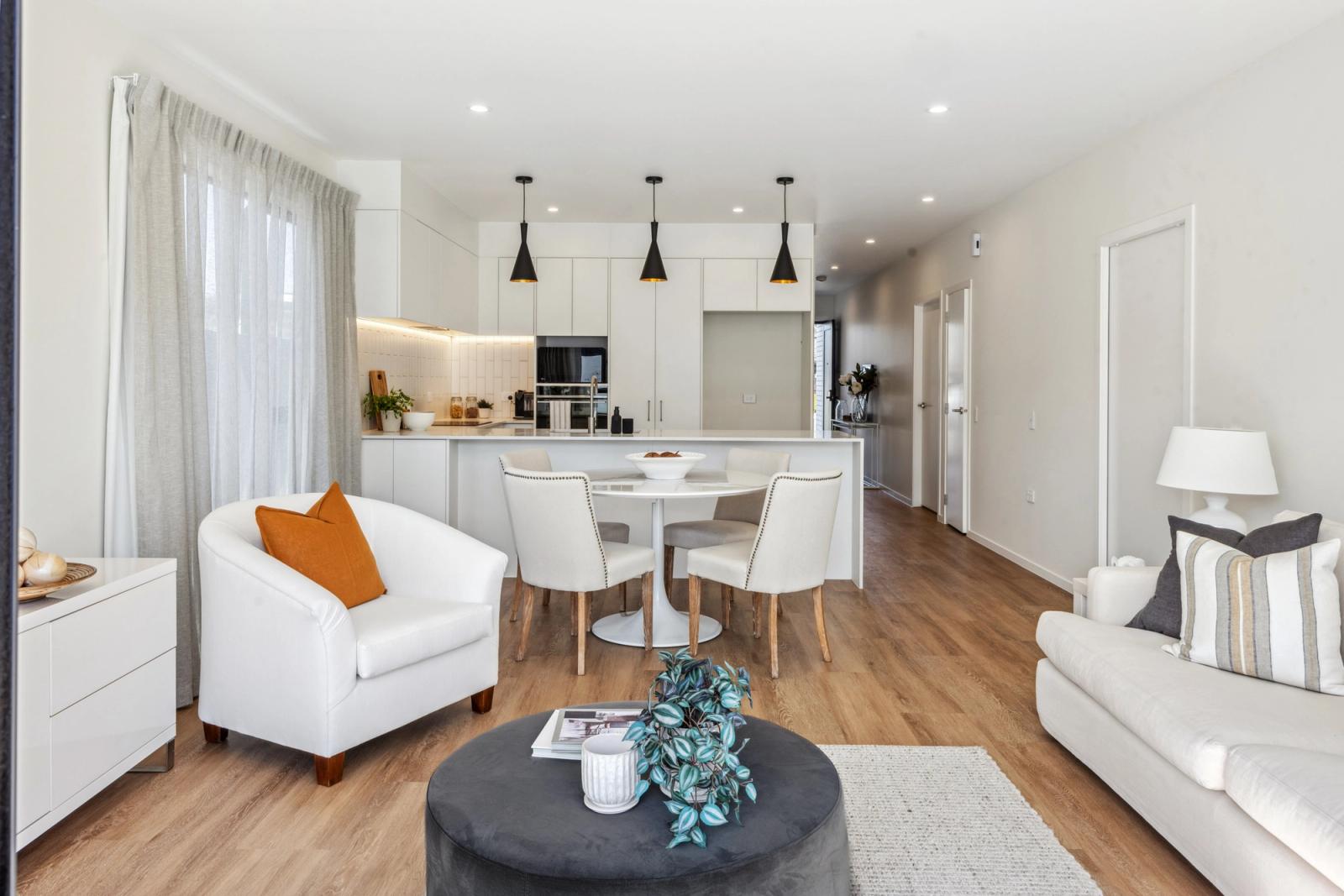 Kitchen, living, dining