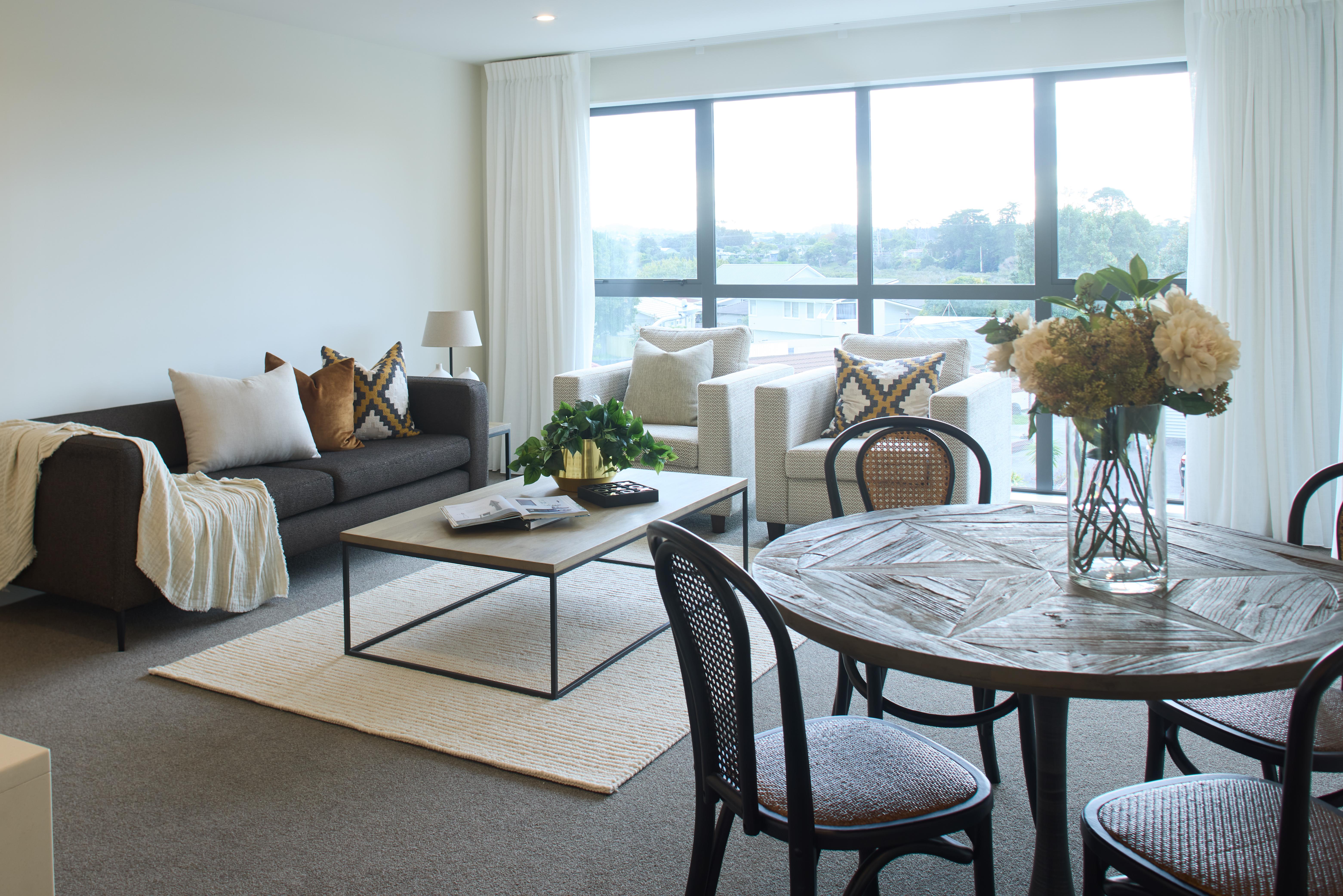 Living room in an apartment at Edgewater Village