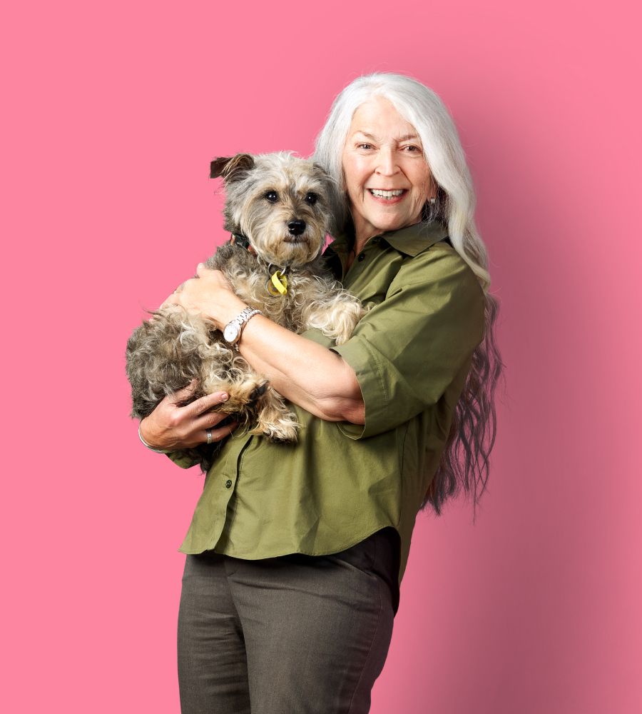 lady with dog & pink background