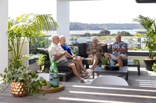 Friends cheers wine and smiling