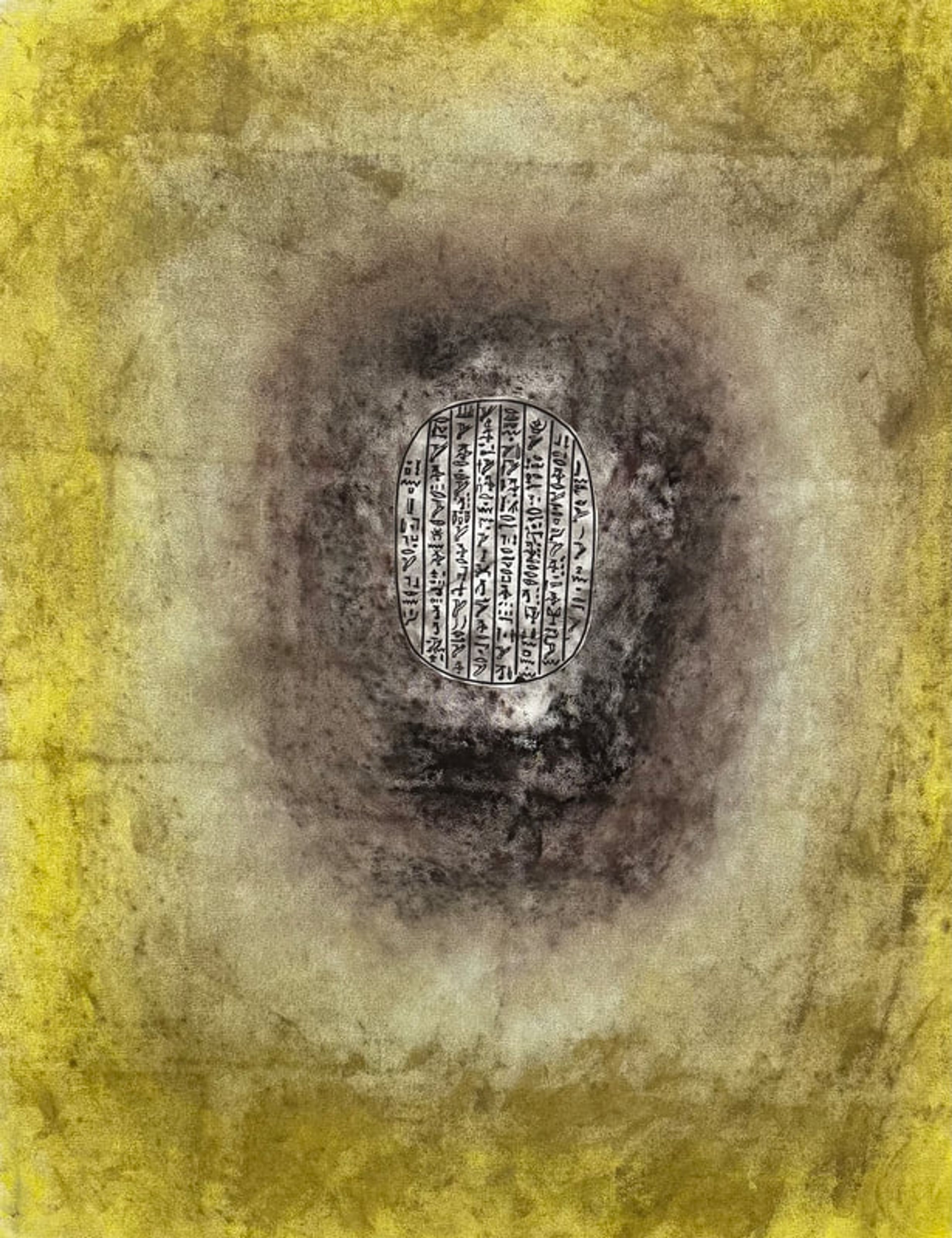 Yellow Script Deliverance, Mixed media on canvas, unstretched