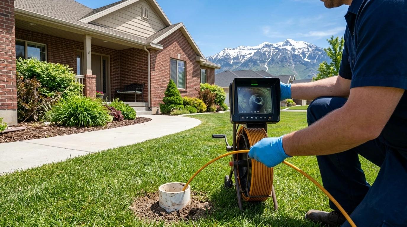 A friendly licensed plumber technician in a Huskies Leak Detection style uniform kneels next to an open cleanout in the front yard of a well-kept American Fork, UT home. He holds a sewer camera inspection tool with the screen visible. Mt. Timpanogos rises in the background under a clear blue sky. A clean service van sits in the driveway. Photorealistic, bright daylight, trustworthy and approachable feel.