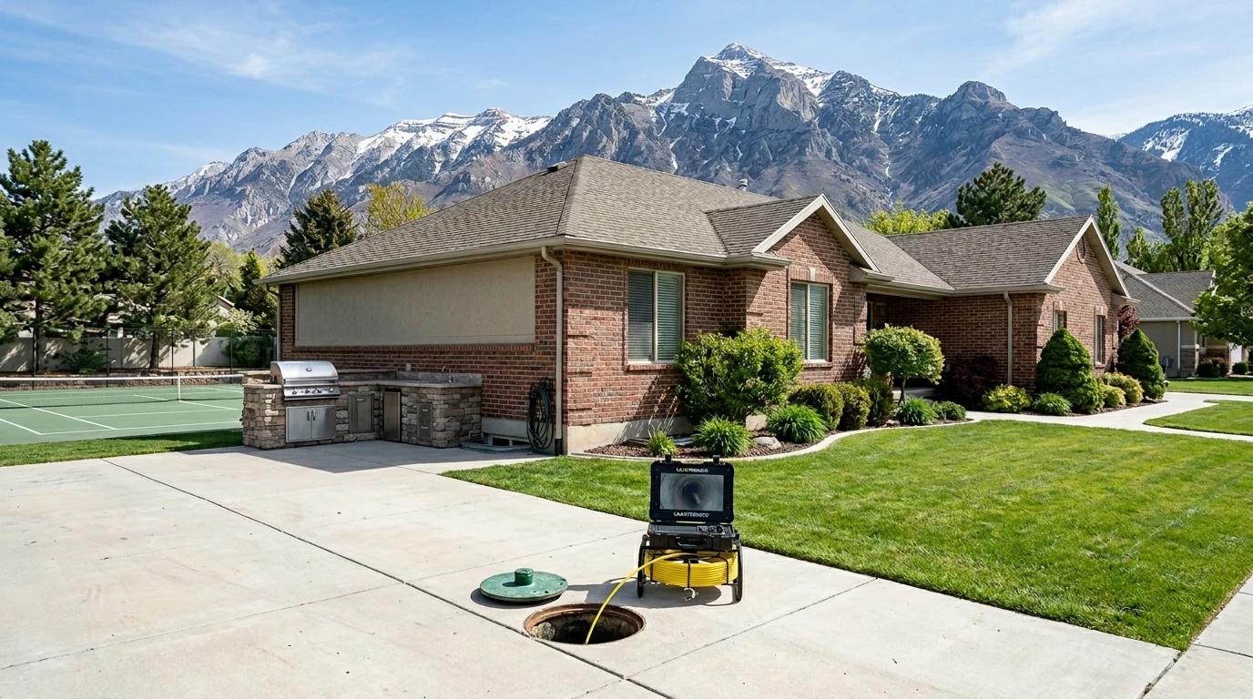 Ogden, Utah using a sewer camera inspection tool outside a modest, well-kept home. Wasatch Mountains and Ben Lomond Peak rise in the background, clear blue sky, bright natural daylight. 
