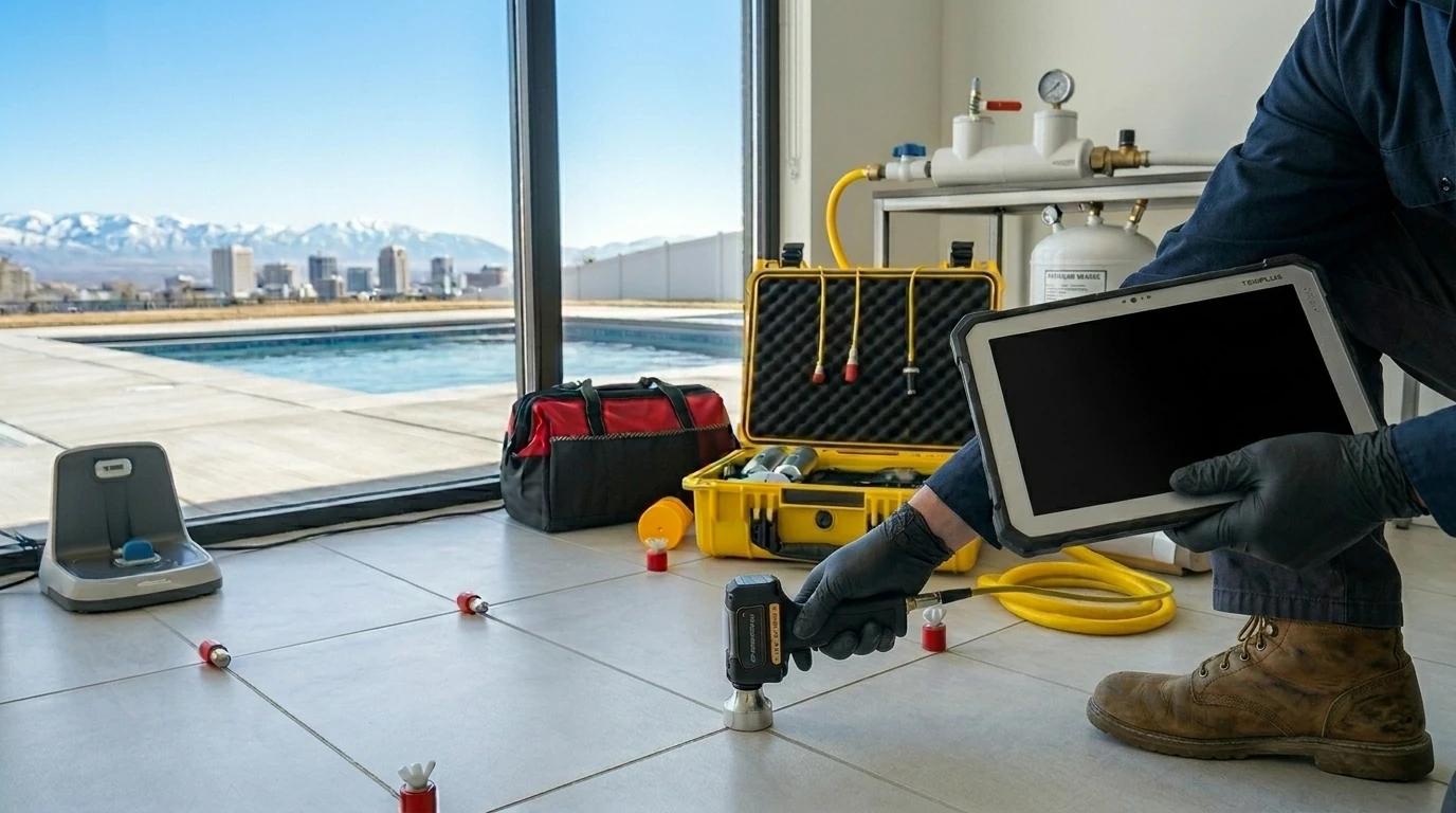 Using acoustic leak detection headphones and a ground microphone to find a hidden water leak. A tablet shows a thermal imaging scan. Through the window, the Wasatch Mountains and Salt Lake City skyline are visible under a clear blue sky. Photorealistic, bright natural light, calm and trustworthy feel.