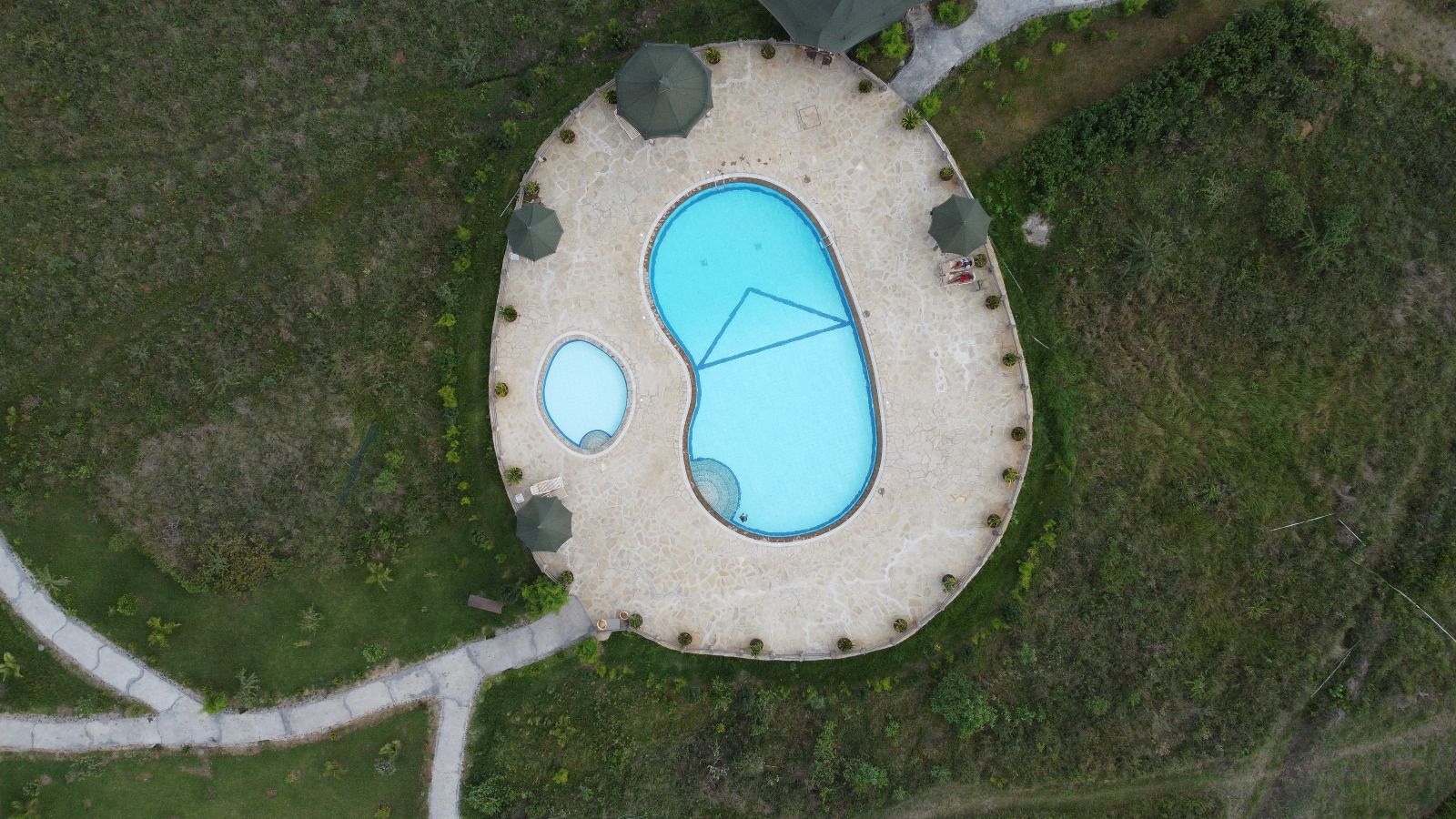 Aerial landscape of the pool and surroundings