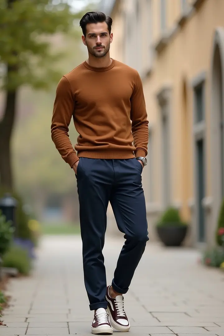 crew-neck jumper with dark chinos and smart trainers, mens spring outfit