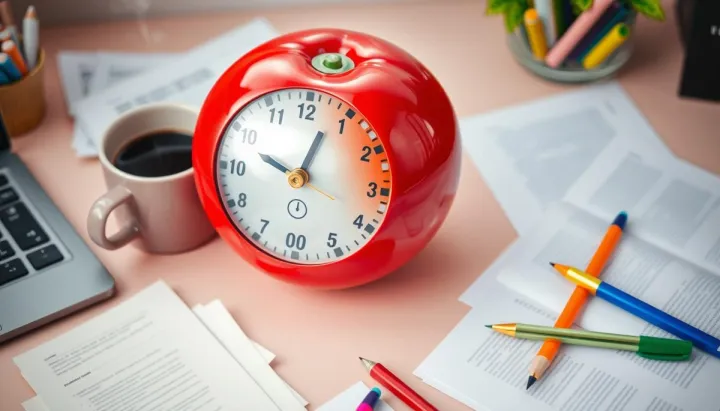 A vibrant, modern Pomodoro timer designed with a playful twist, featuring a bright red tomato shape as the main body, adorned with quirky clock hands and whimsical numbers, set against a soft pastel background. The timer is surrounded by scattered papers, colorful pens, and a steaming cup of coffee, creating a cozy, productive workspace atmosphere.