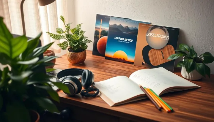 A serene study environment featuring a desk with a laptop, headphones resting beside lush indoor plants, soft lighting, and an open notebook with colorful pens, surrounded by vibrant album covers representing different music genres for studying, such as classical, lo-fi hip hop, ambient electronica, and acoustic instrumental, creating a tranquil atmosphere for focused learning.