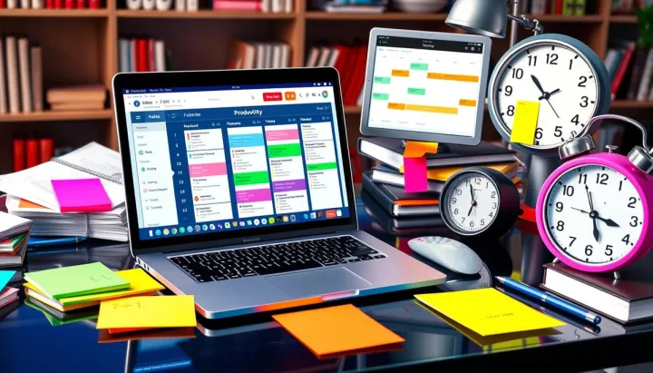 A colorful digital workspace featuring a high-tech desk with a laptop displaying productivity apps, a calendar planner with organized schedules, sticky notes in vibrant colors, and a clock that emphasizes time management, all surrounded by books and study materials, in a modern student environment.