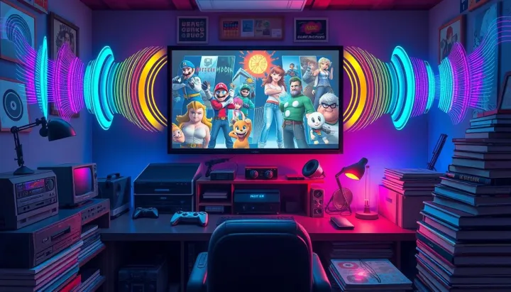 A vibrant scene depicting a cozy study space with a large screen displaying various iconic video game characters, surrounded by colorful soundwave patterns emanating from headphones. Include elements like gaming consoles, vinyl records, and stacks of books, with ambient lighting creating a focused yet energetic atmosphere.