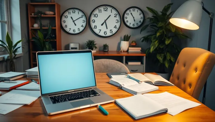 A cozy study space with a laptop open on a wooden desk, scattered notes and textbooks, a warm lamp casting a soft glow, a comfortable chair, plants in the background, and a wall clock showing various time zones, symbolizing flexibility and independence in learning.