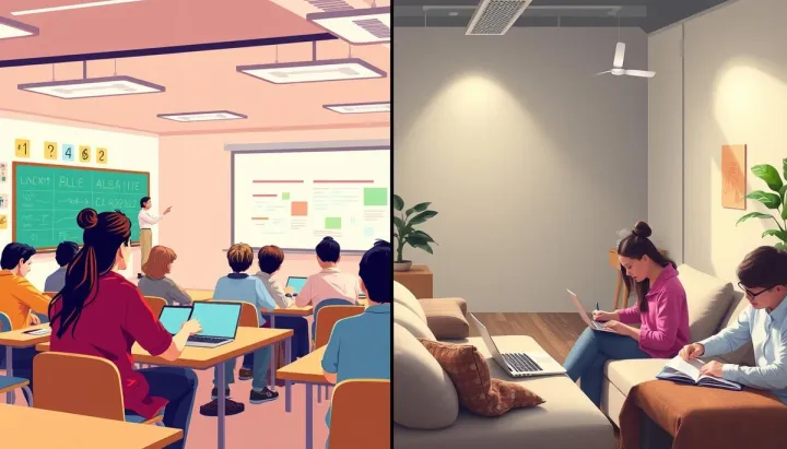 A split scene illustrating two classrooms: on the left, a vibrant synchronous class with students engaged in real-time discussions, vivid expressions of curiosity, and interactive technology like smartboards; on the right, a serene asynchronous learning environment featuring individual students studying at their own pace with laptops and notebooks, soft lighting, and cozy seating arrangements.