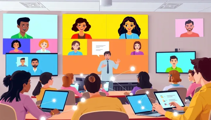 A vibrant virtual classroom scene showcasing students engaged in real-time online learning, with multiple screens displaying diverse faces, a teacher animatedly presenting content, bright colors, and technological elements like laptops and tablets interconnected by lines of light, conveying collaboration and interaction.