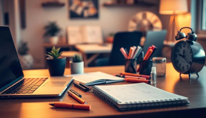 A college student's workspace, bathed in warm, focused lighting. On the desk, a laptop, notebook, and a carefully organized array of stationery - pens, highlighters, and a meticulously designed planner. The background blurs, emphasizing the student's intense focus on time management, with a sense of calm determination. Delicate potted plants and a minimalist clock add subtle touches of nature and order, reflecting the student's disciplined approach to their studies. The overall atmosphere conveys a carefully curated, productive environment designed to maximize efficiency and academic success.