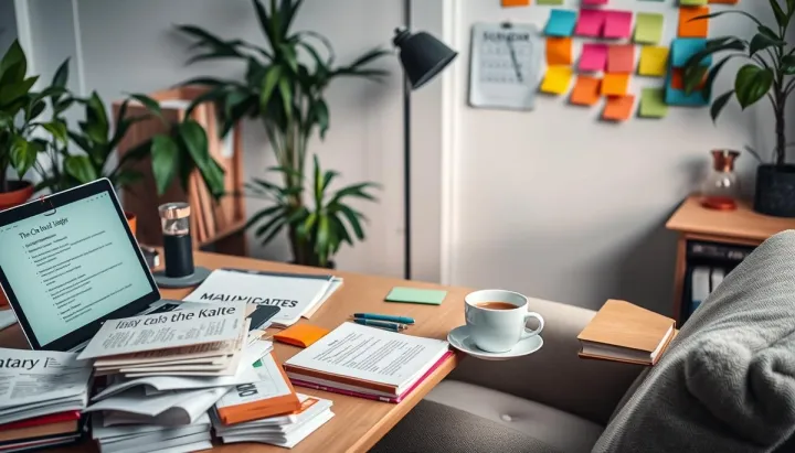 A cozy study space featuring a messy desk with scattered books, a laptop with a to-do list open, a cup of coffee beside a comfy chair, and colorful sticky notes on the wall. The room has soft lighting, plants in the background, and motivational items like an hourglass and a calendar on the desk, evoking a laid-back yet productive atmosphere.