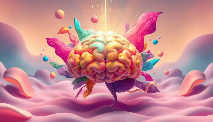 A surreal scene depicting a vibrant brain surrounded by colorful abstract shapes, with rays of light emanating from it, symbolizing enhanced focus and concentration, set against a calming background of soft gradients and organic forms.