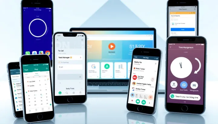 A digital collage of time management apps for college students, showcased in a sleek, minimalist style. In the foreground, several smartphone screens display popular productivity apps like calendars, to-do lists, and task managers. In the middle ground, a laptop and tablet display additional features like time trackers and study timers. The background features a clean, geometric design with subtle gradients, conveying a sense of organization and focus. The lighting is soft, with a cool, contemporary tone, creating a professional and streamlined aesthetic. Captured with a wide-angle lens to provide a comprehensive view of the digital tools at hand.