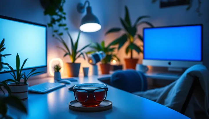 A serene workspace illuminated by a soft blue glow from computer screens, surrounded by plants and calming decor, featuring stylish blue light blocking glasses resting on a desk, a cozy chair, and a steaming cup of herbal tea, all set against a backdrop of soft-focus ambient lighting.