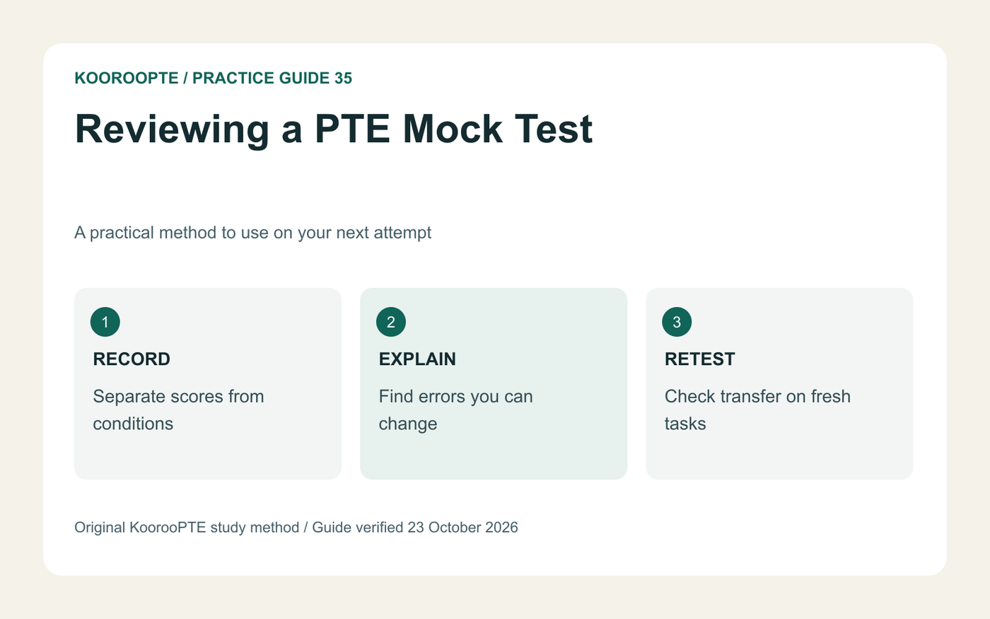 Reviewing a PTE Mock Test practice method: Separate scores from conditions; Find errors you can change; Check transfer on fresh tasks.
