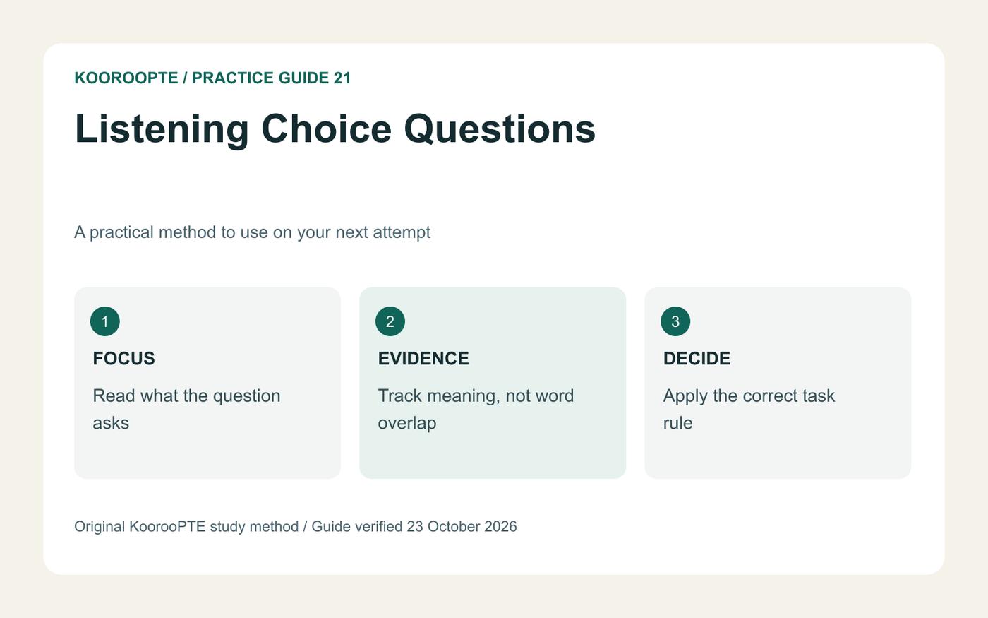 Listening Choice Questions practice method: Read what the question asks; Track meaning, not word overlap; Apply the correct task rule.