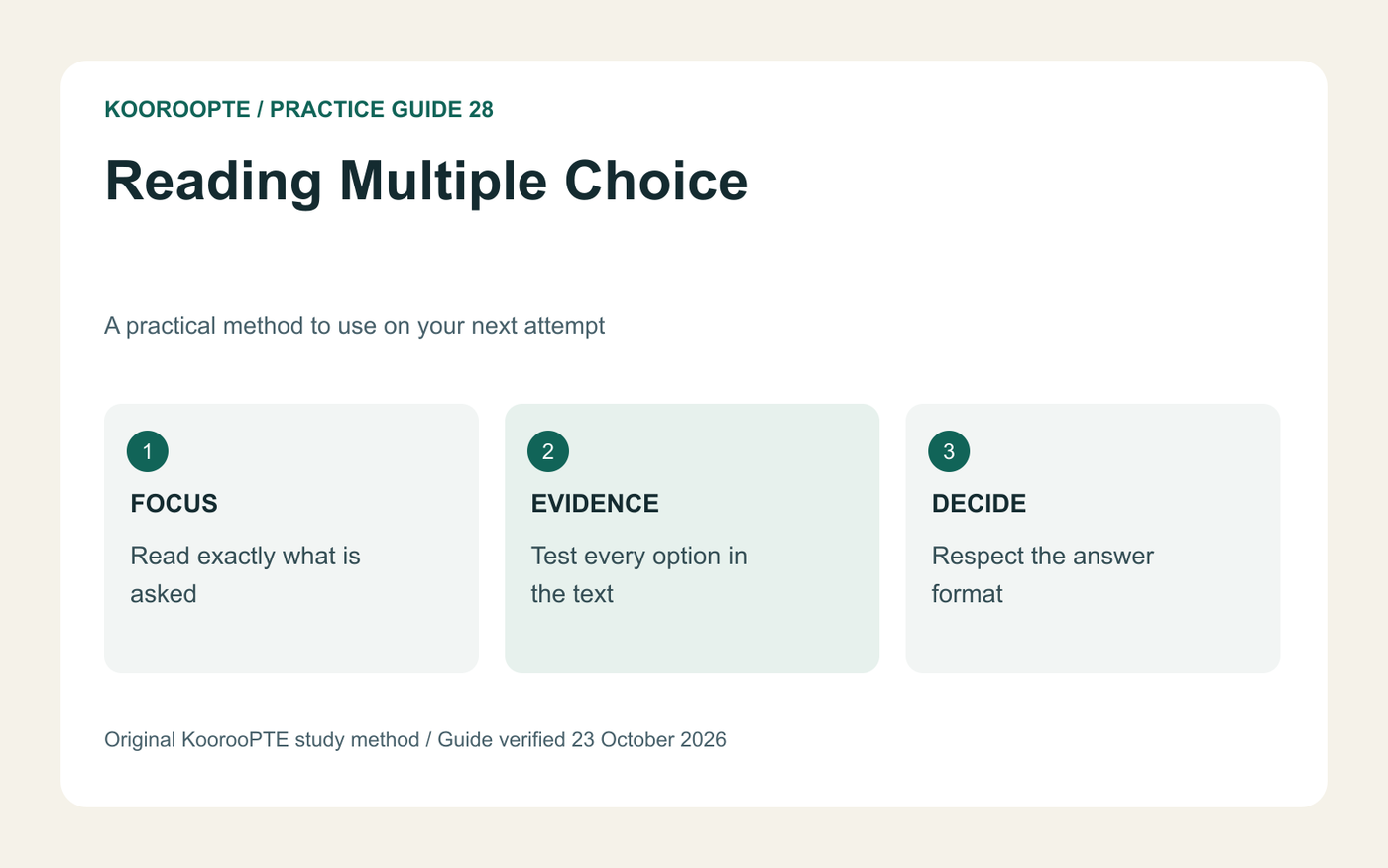 Reading Multiple Choice practice method: Read exactly what is asked; Test every option in the text; Respect the answer format.