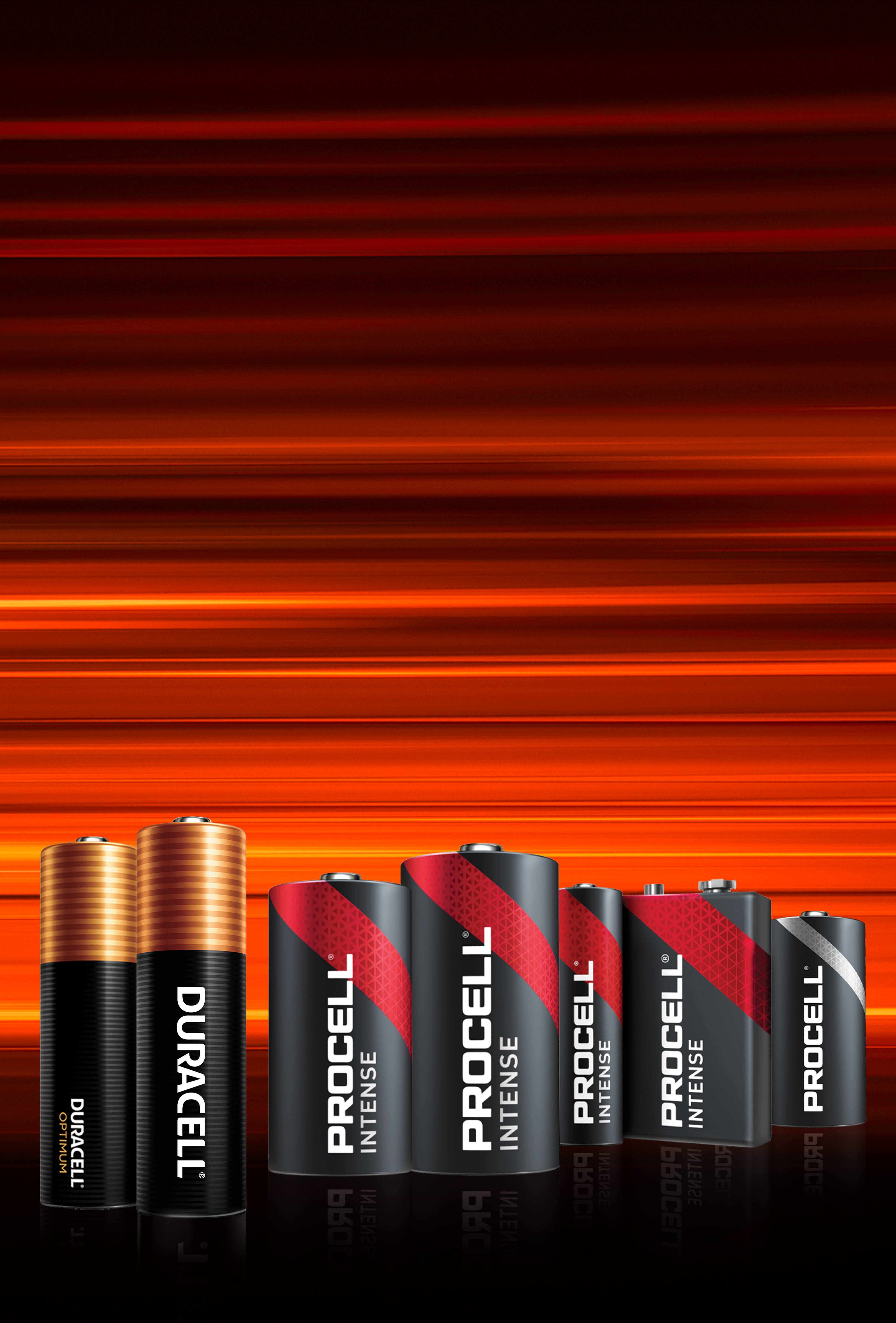 Background image showing various duracel optimum batteries and procell intense batteries on a black background with red, orange and white light flares