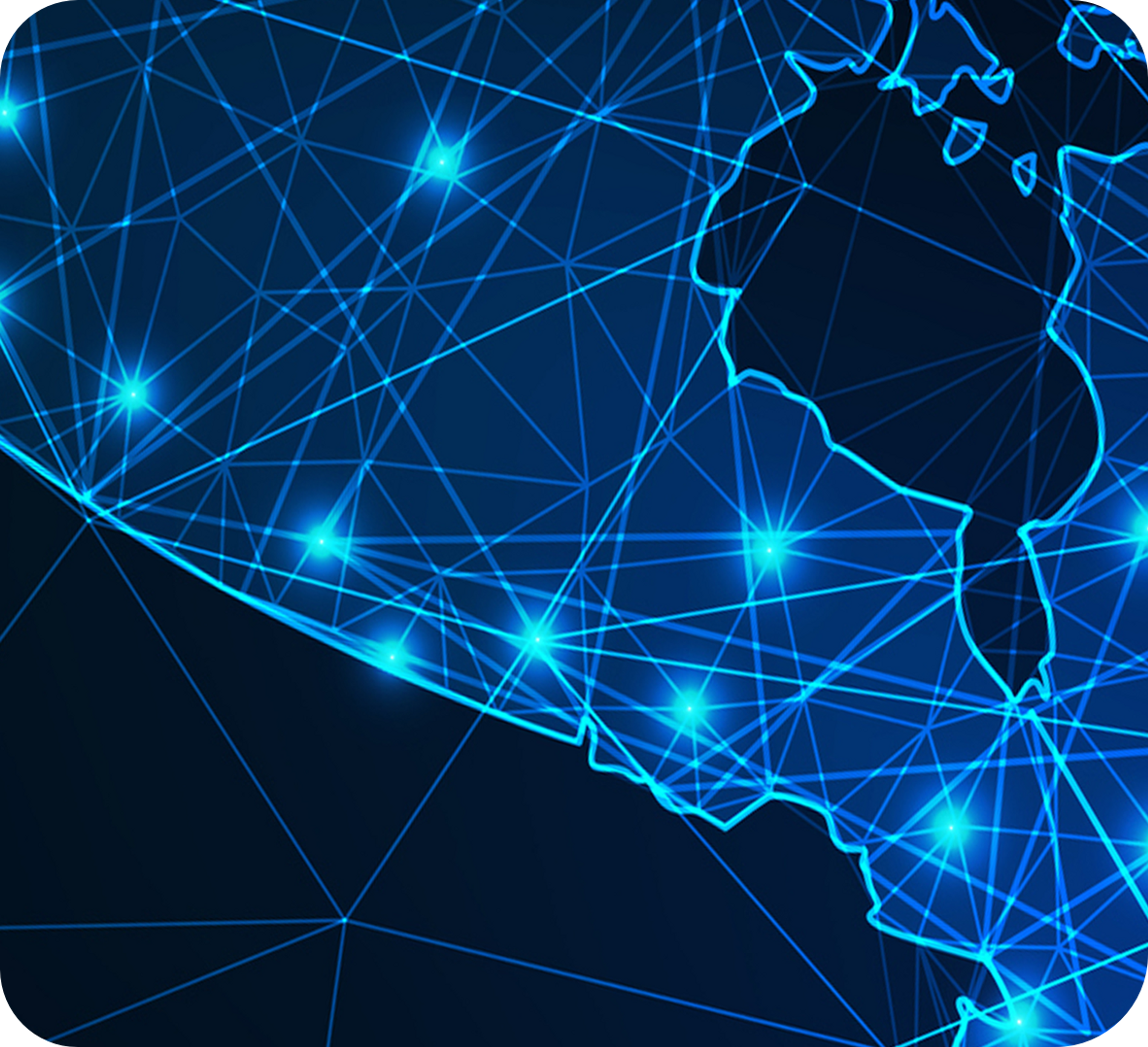 Drawn digital Illustration showing Canada and its national service network points on a blue map