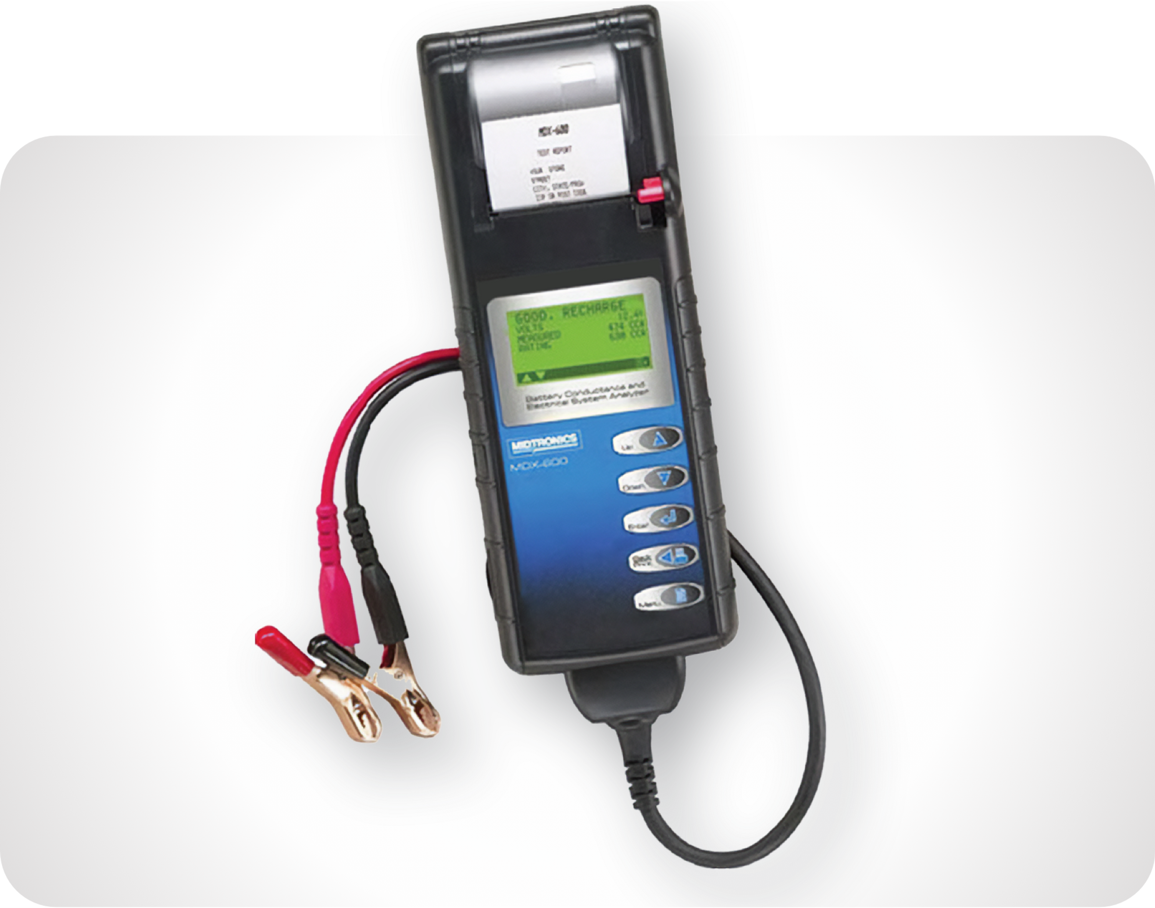 Picture of a handheld battery tester machine MDX-650P SOH Battery and Electrical System Analyzer with two electric cables with metal electrical clamp ends 