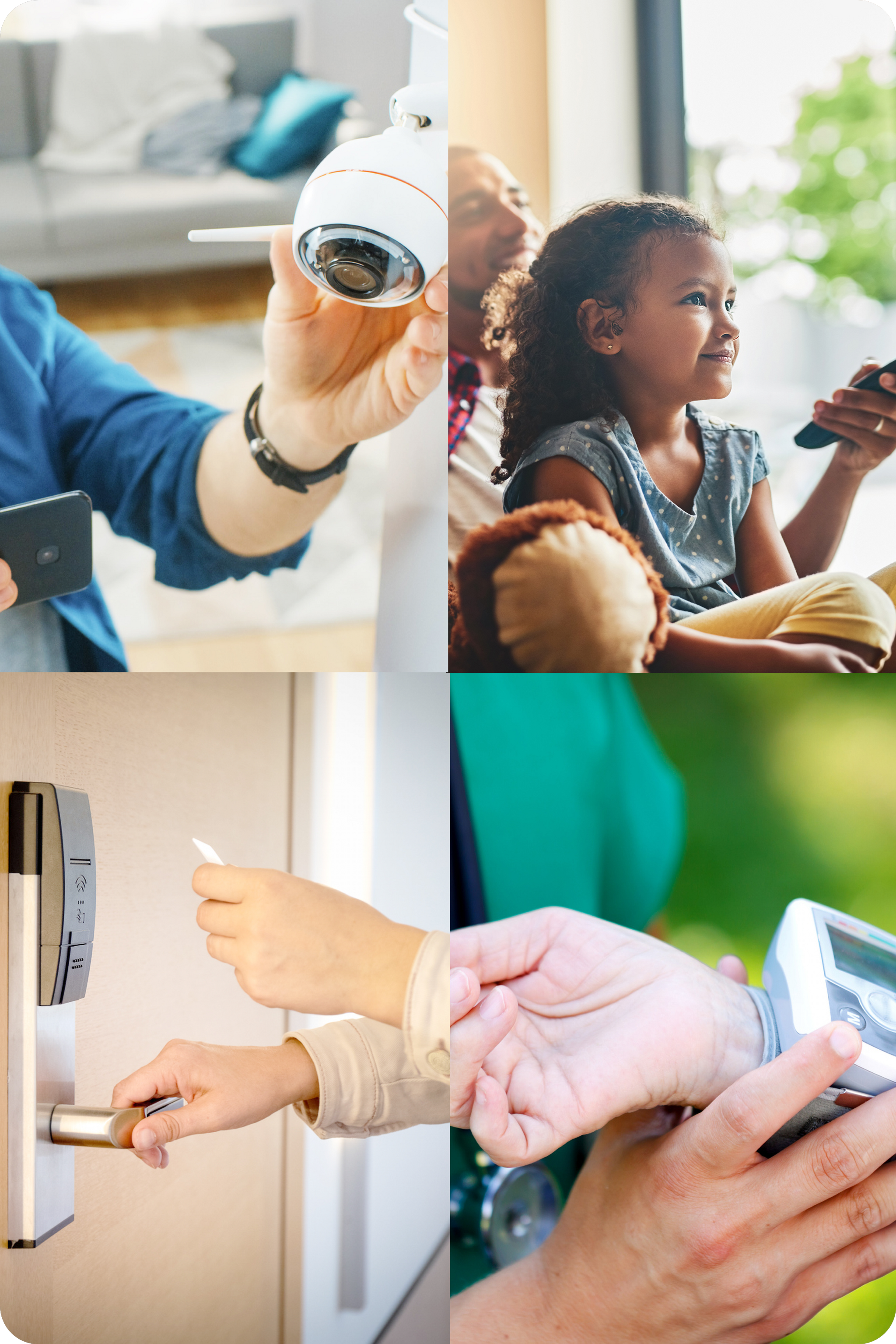 Background image divided into four segments, segment one shows a Caucasian hand wearing a pulse monitor, second segment shows a hand holding a doorknob, third image shows a person;s hand holding a lamp, fourth segment shows a young girl holding a remote control and her dad flipping though tv channels