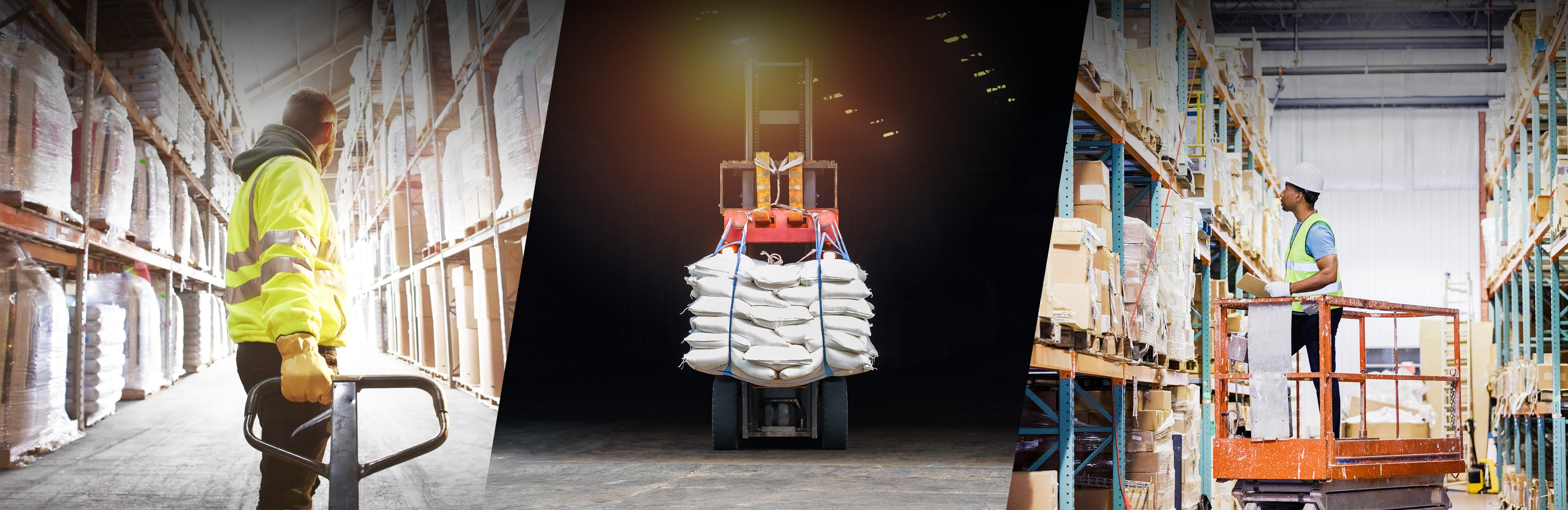 Image composed of three image panels, panel one shows a man operating a forklift, panel two shows a forklift transporting lumber, third panel shows a closeup of a red lawn mower cutting grass