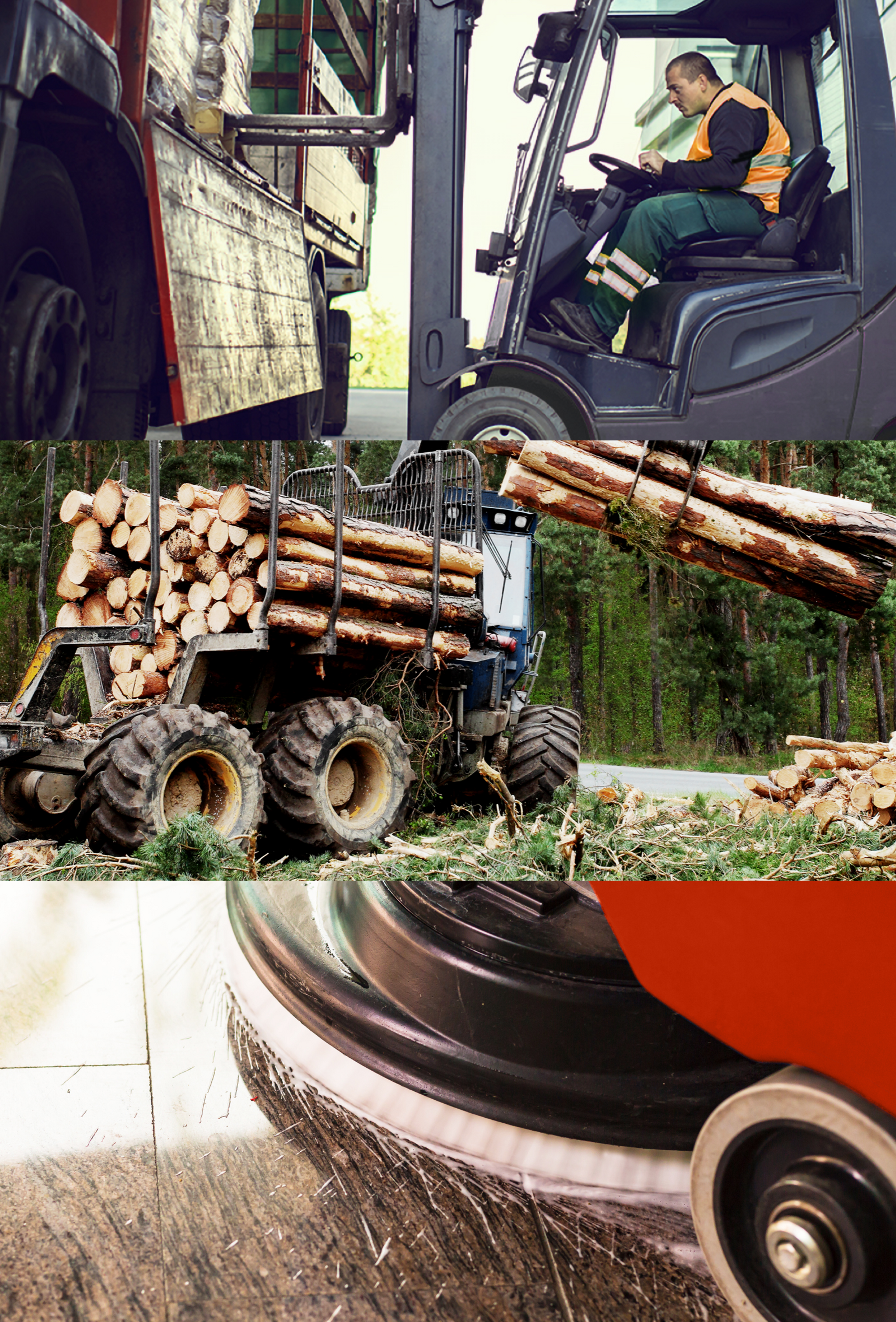 Image composed of three image panels, panel one shows a man operating a forklift, panel two shows a forklift transporting lumber, third panel shows a closeup of a red lawn mower cutting grass