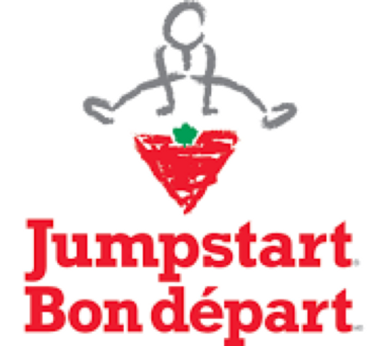 Logo of Canadian Tire foundation" jumpstart Bon depart" and logo of a yield sign with an illustration of a child hopping over it