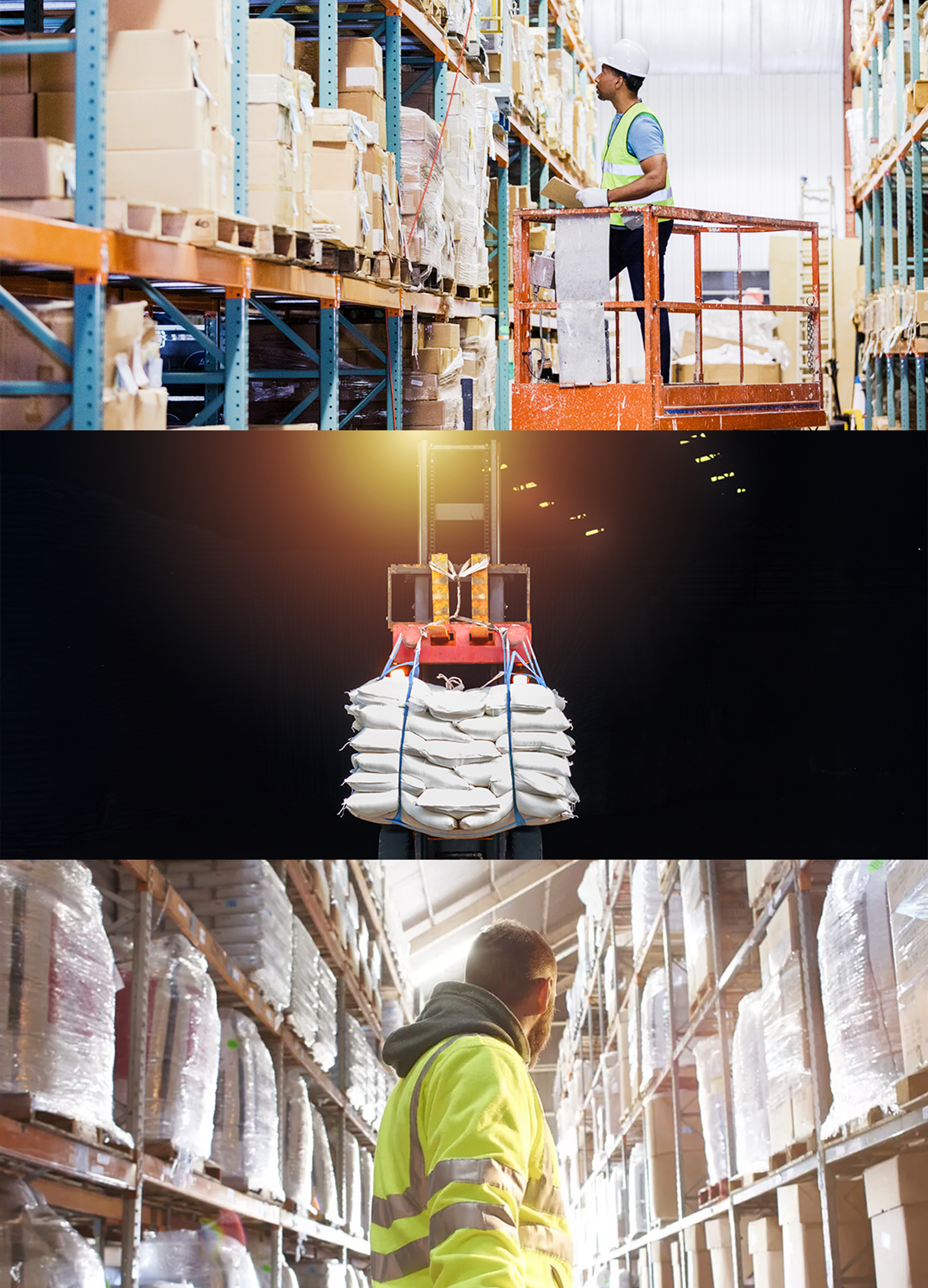Image composed of three image panels, panel one shows a man operating a forklift, panel two shows a forklift transporting lumber, third panel shows a closeup of a red lawn mower cutting grass