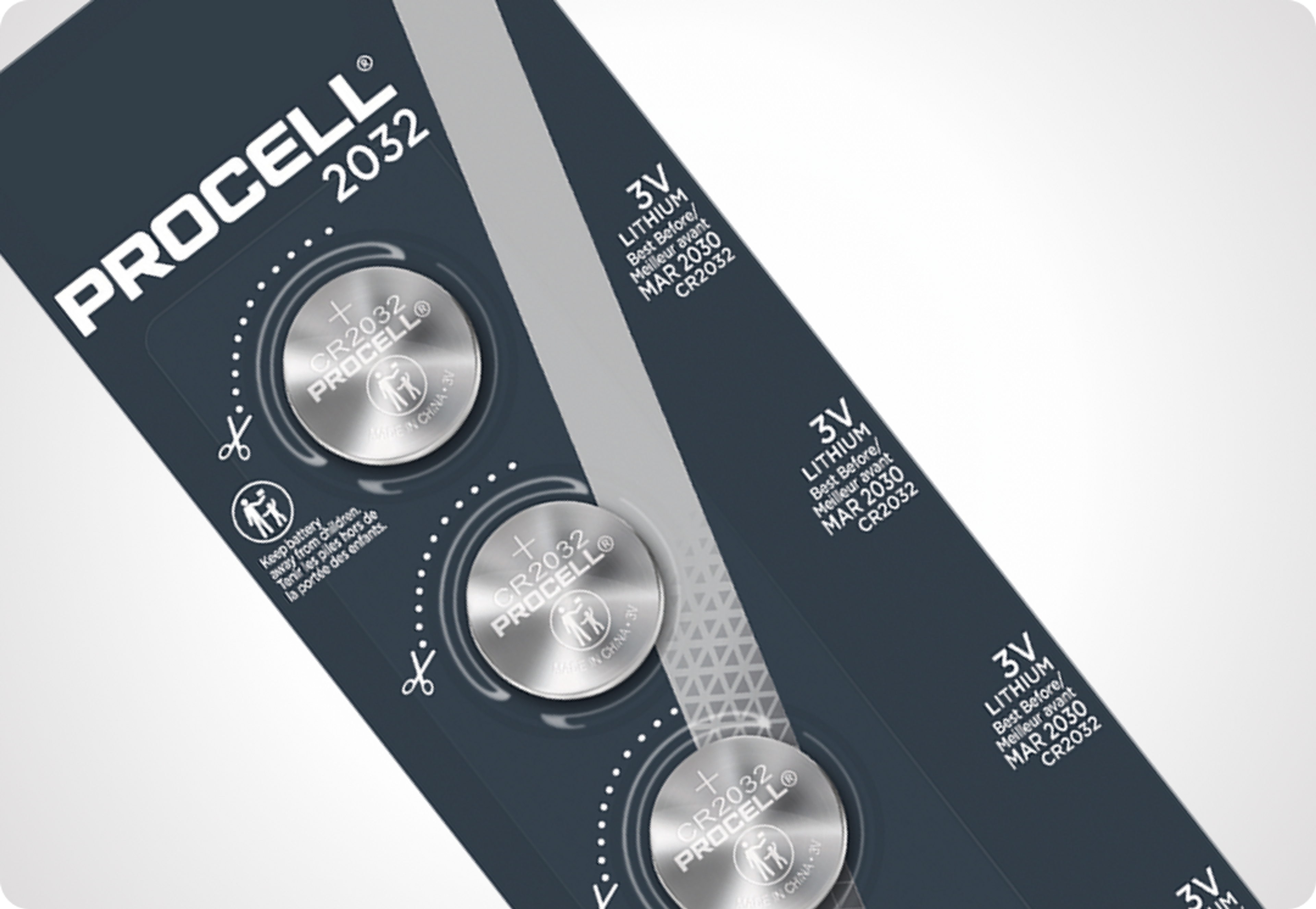 Picture of package strip with four Procell coin cell batteries