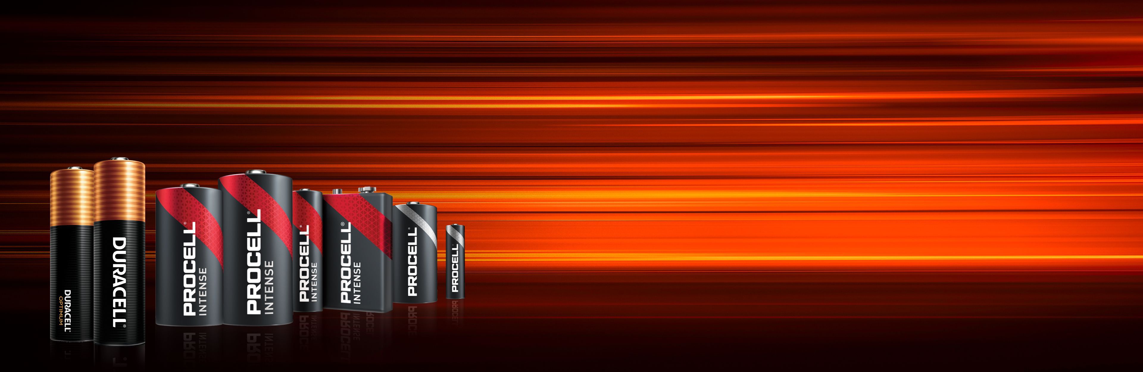 Background image showing various duracel optimum batteries and procell intense batteries on a black background with red, orange and white light flares