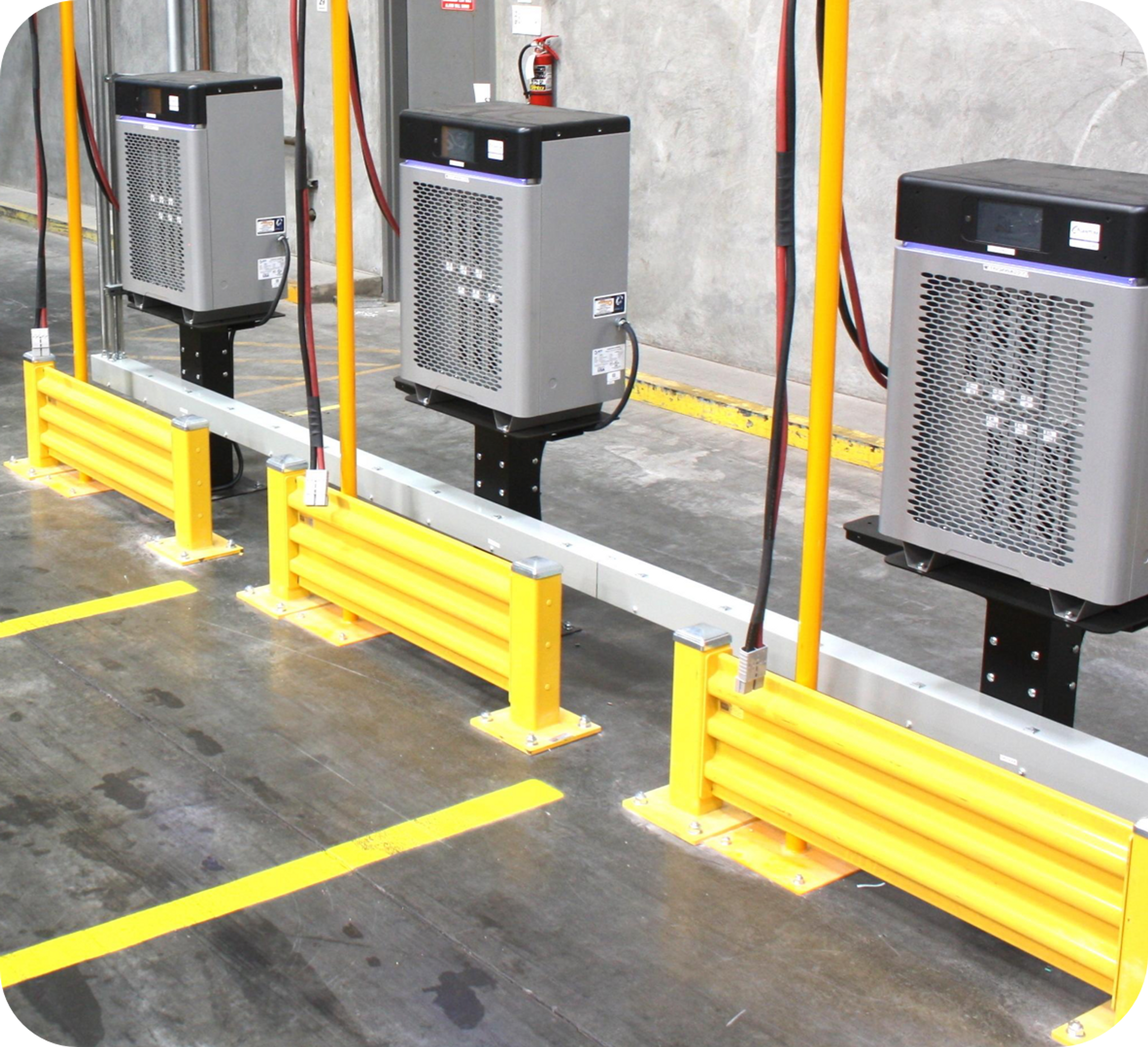 Picture of battery room showing 5 battery chargers in a fast charging battery charging station